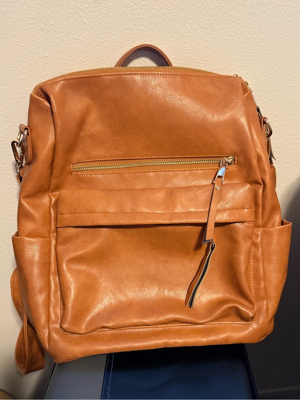 Women's Tan Vegan Leather Backpack with Front Zip Pockets